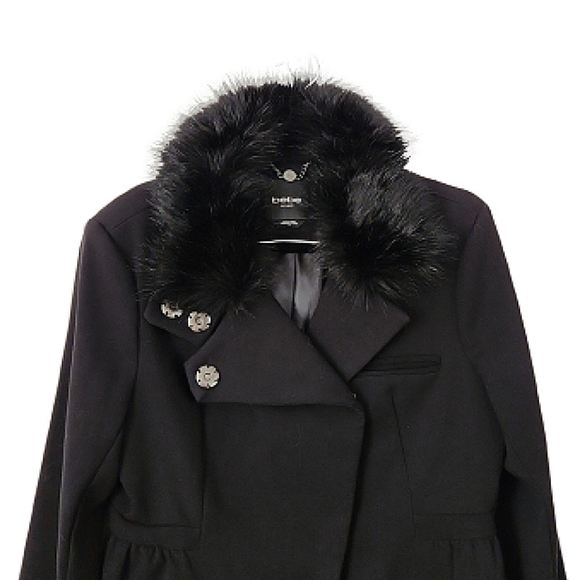 BEBE Black Car Length Swing Coat Faux Fur Trim Large - Picture 2 of 13